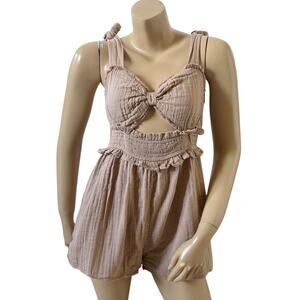 Frille Rose Womens Romper Size Large Tan Gauze Cutout Tie Strap Smocked Boho